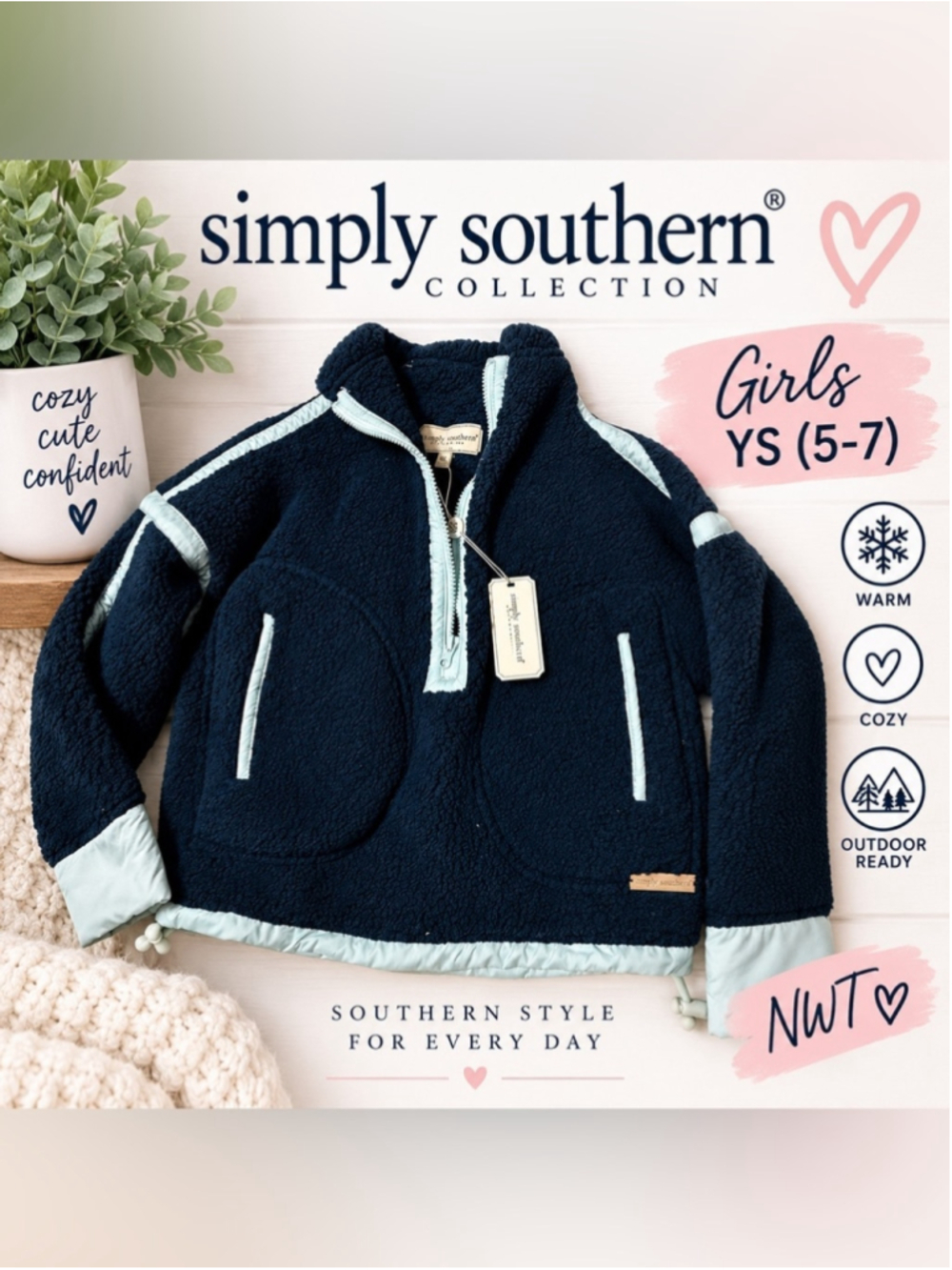 NWT Simply Southern Girls YS 5-7 Sherpa Fleece 1/4 Zip Pullover